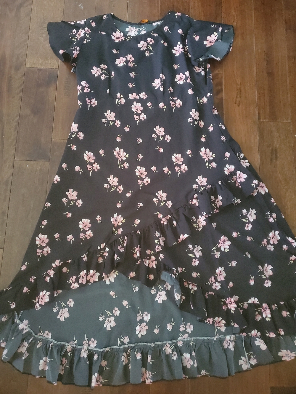 Womens Black Floral Ruffle Dress - Pink Blossom Print Size 2XXL